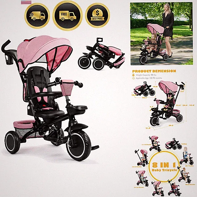 Folding Kids Tricycle, 8 in 1 Toddler Trike W/Removable & Adjustable Canopy,...